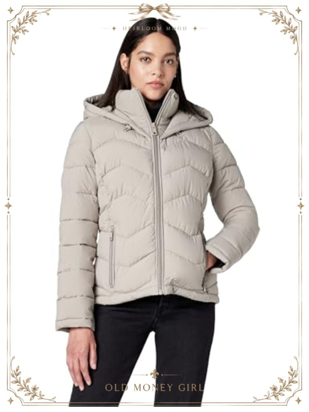 Stretch Fabric Puffer Jacket Hooded Quilted Zip Front Coat